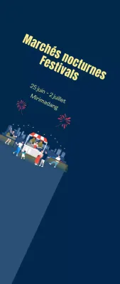 Marché de nuit, festival, promotion, petit feu d'artifice sur fond bleu marine