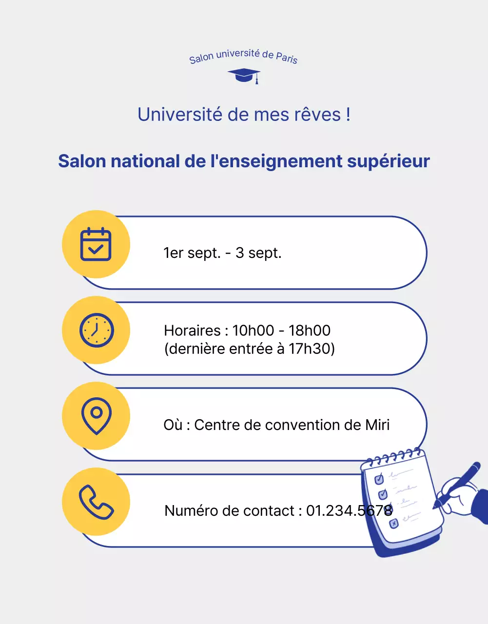 Illustration bleue et jaune d'un salon d'admission à l'université