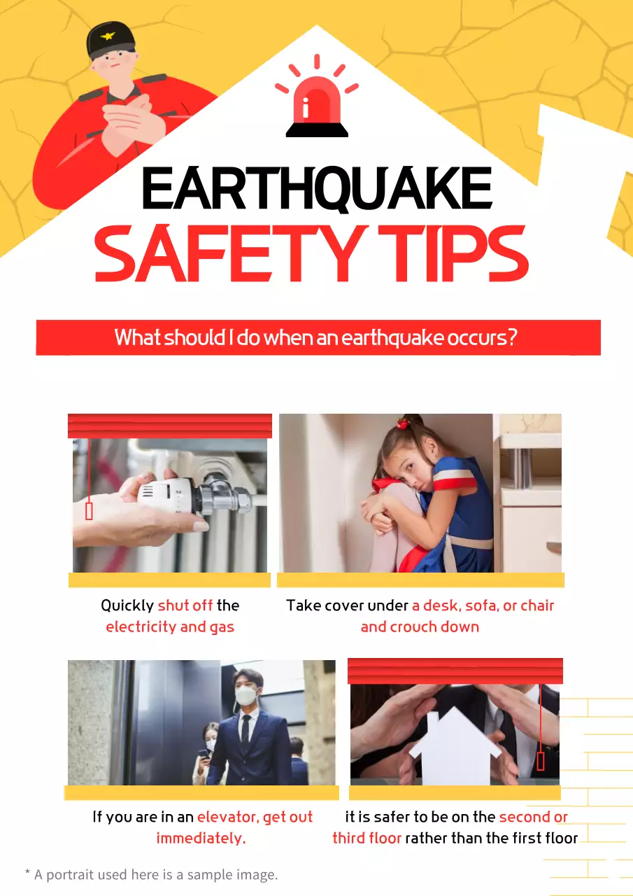 Earthquake evacuation manual with yellow and red firefighter illustrations