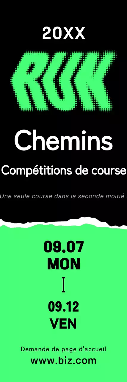 Une bannière promotionnelle audacieuse pour le marathon, avec un texte et des illustrations vertes, noires et blanches sur la course.