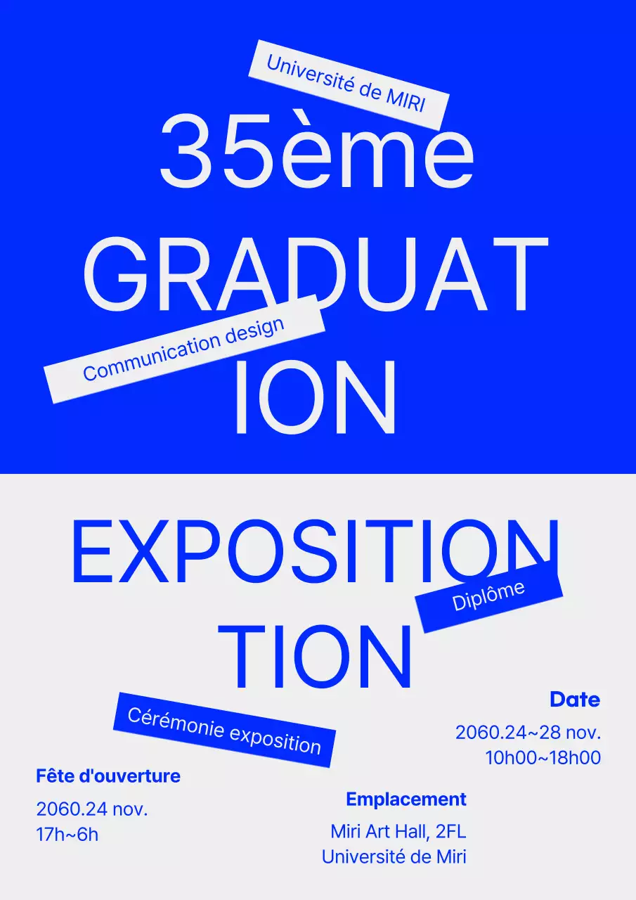 Annonce d'une exposition de remise de diplômes avec texte en bleu et gris