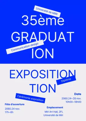Annonce d'une exposition de remise de diplômes avec texte en bleu et gris