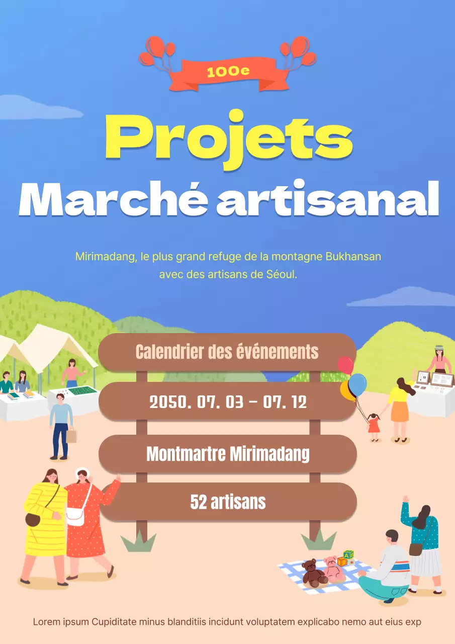 Fait main, marché aux puces illustré en jaune et marron