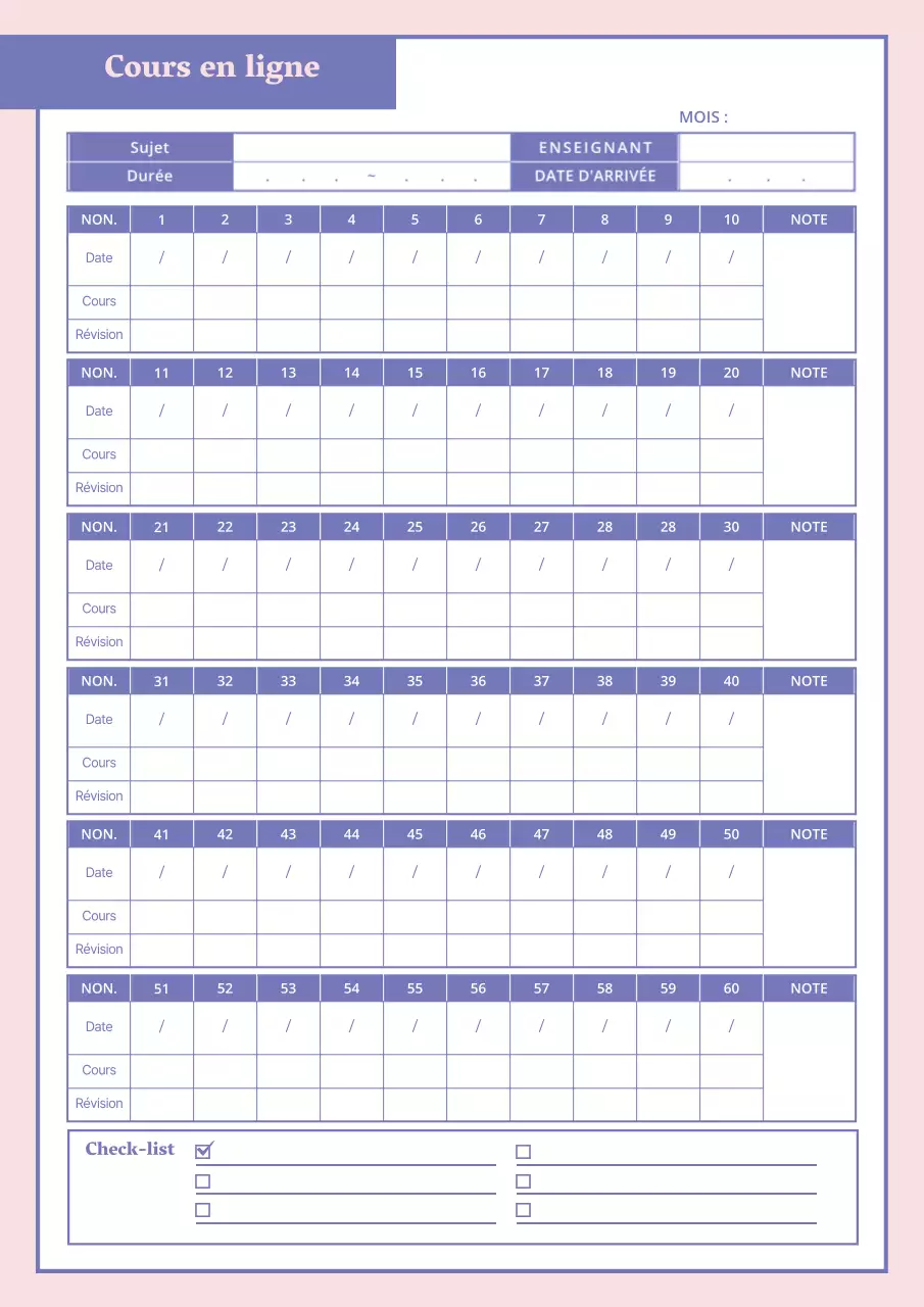 Plans de cours en ligne en papier ligné rose et violet GoodNote