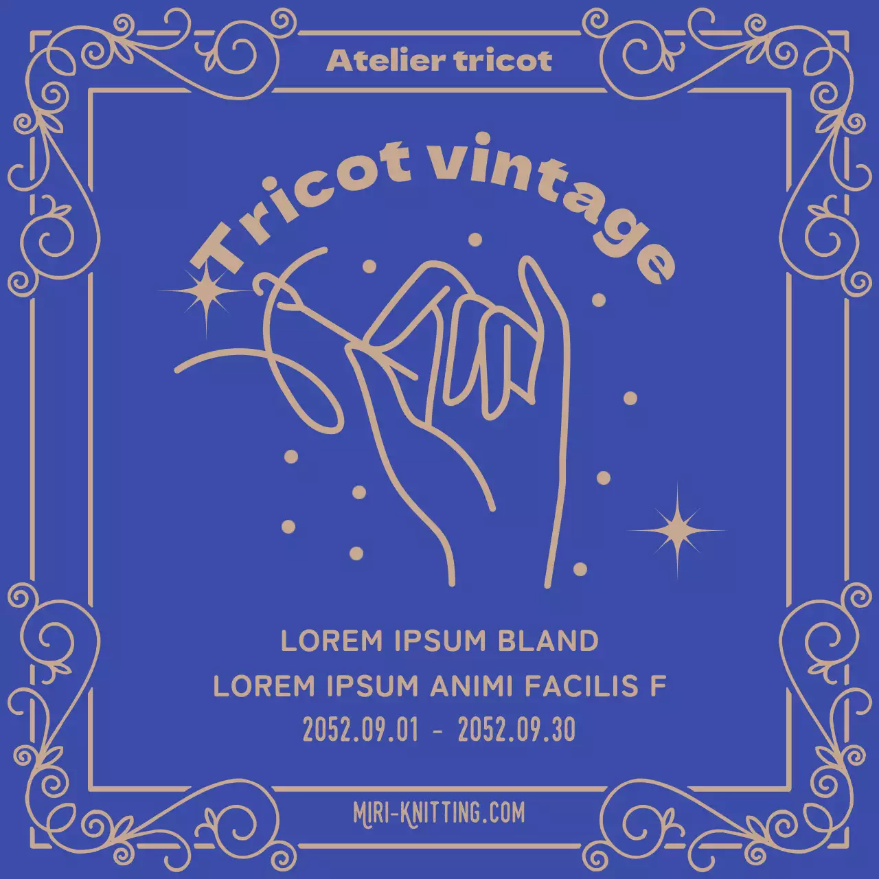 Annonce de l'ouverture d'un cours de tricot et de couture en bleu et beige