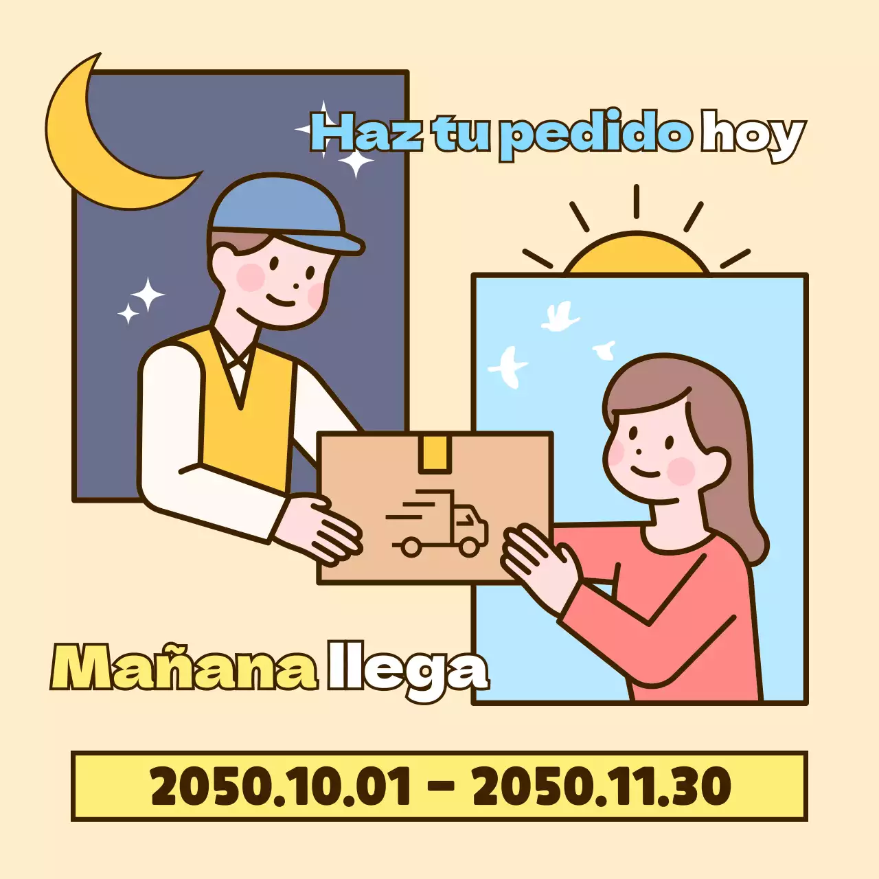 Ilustración de un marco de cielo amarillo que promociona la entrega en un día