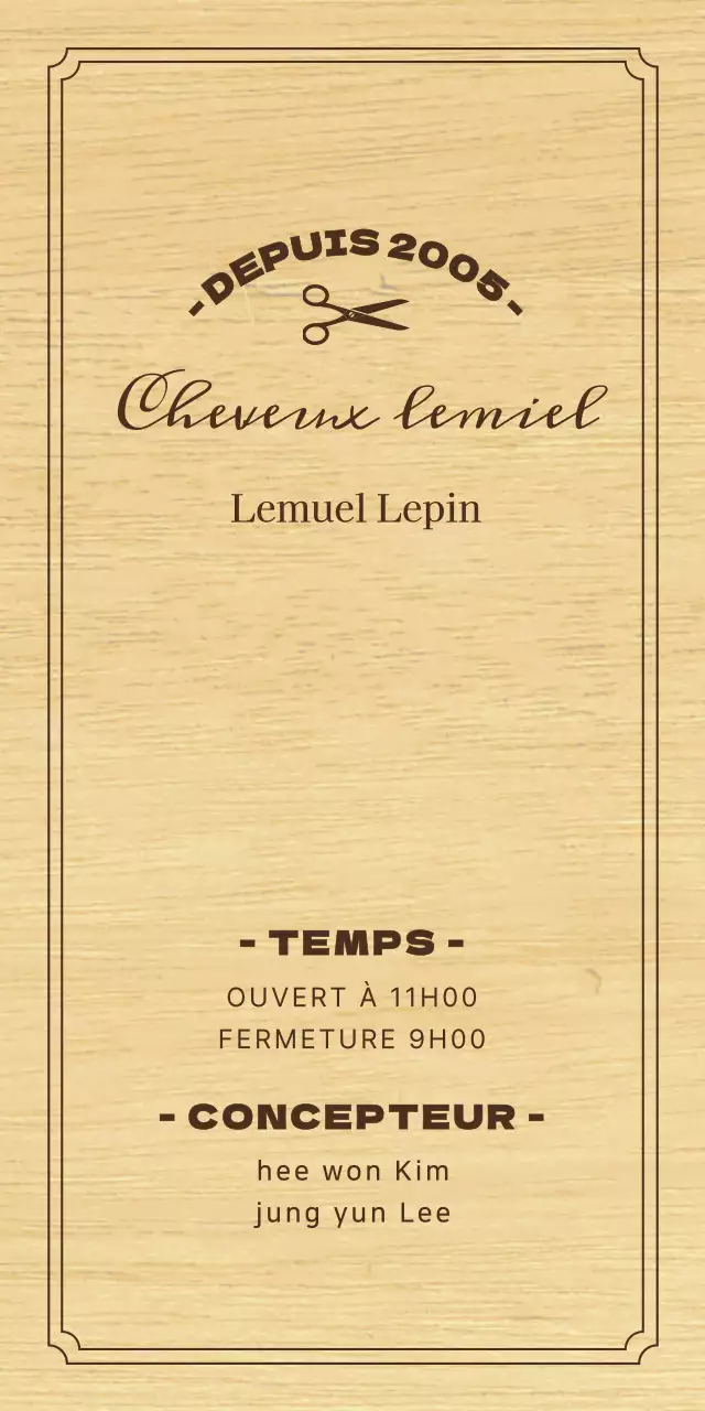 Enseigne de salon de coiffure d'aspect classique avec texte noir et illustration de ciseaux