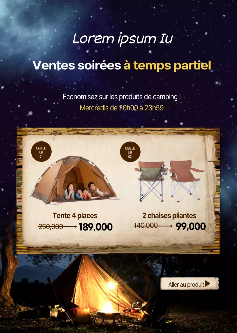 Vente de matériel de camping bleu et brun en fin de soirée