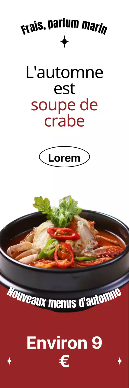 Traiteur saisonnier d'automne avec des polices de caractères audacieuses, des mises en page de photos et des accents rouges