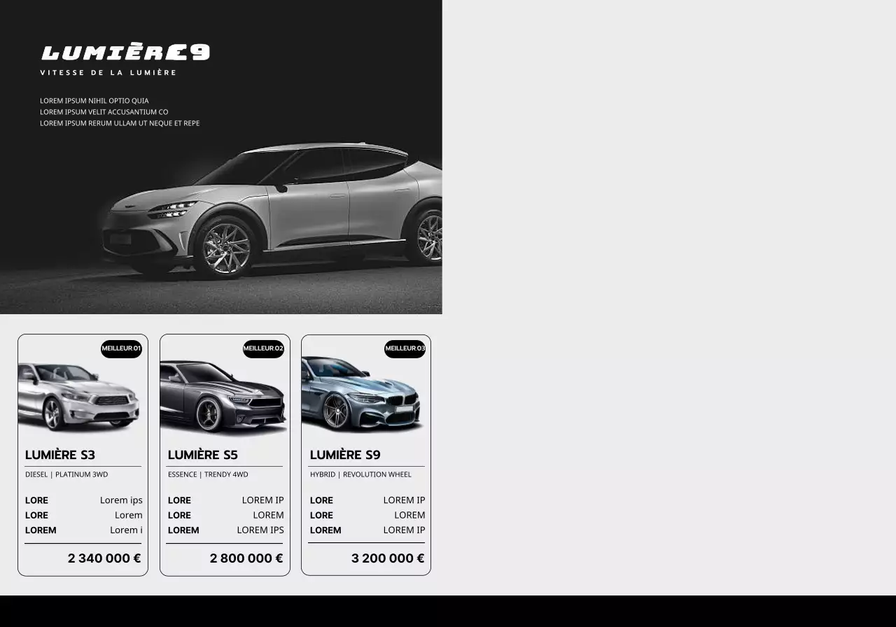 Promotion d'une voiture de concessionnaire avec un design noir, simple et épuré avec des photos de voitures