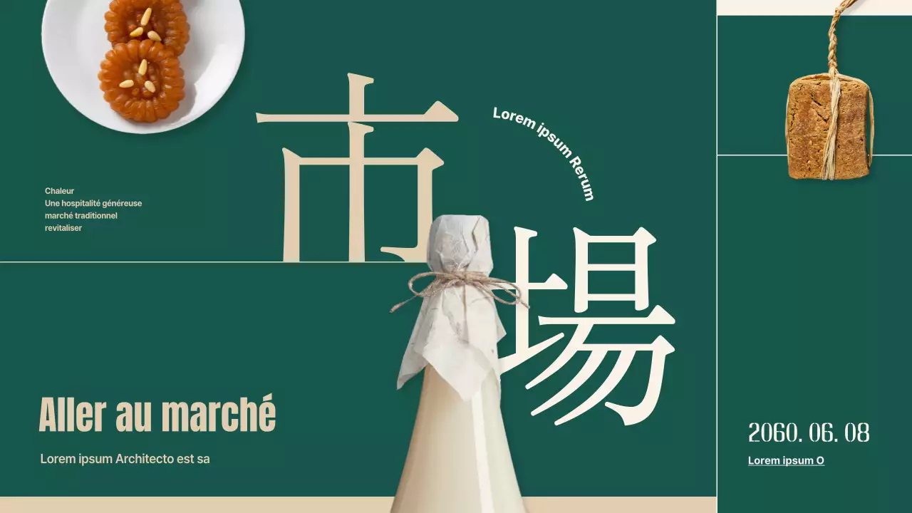 Plan de revitalisation des marchés traditionnels à l'aide d'objets et de typographies vertes et beiges