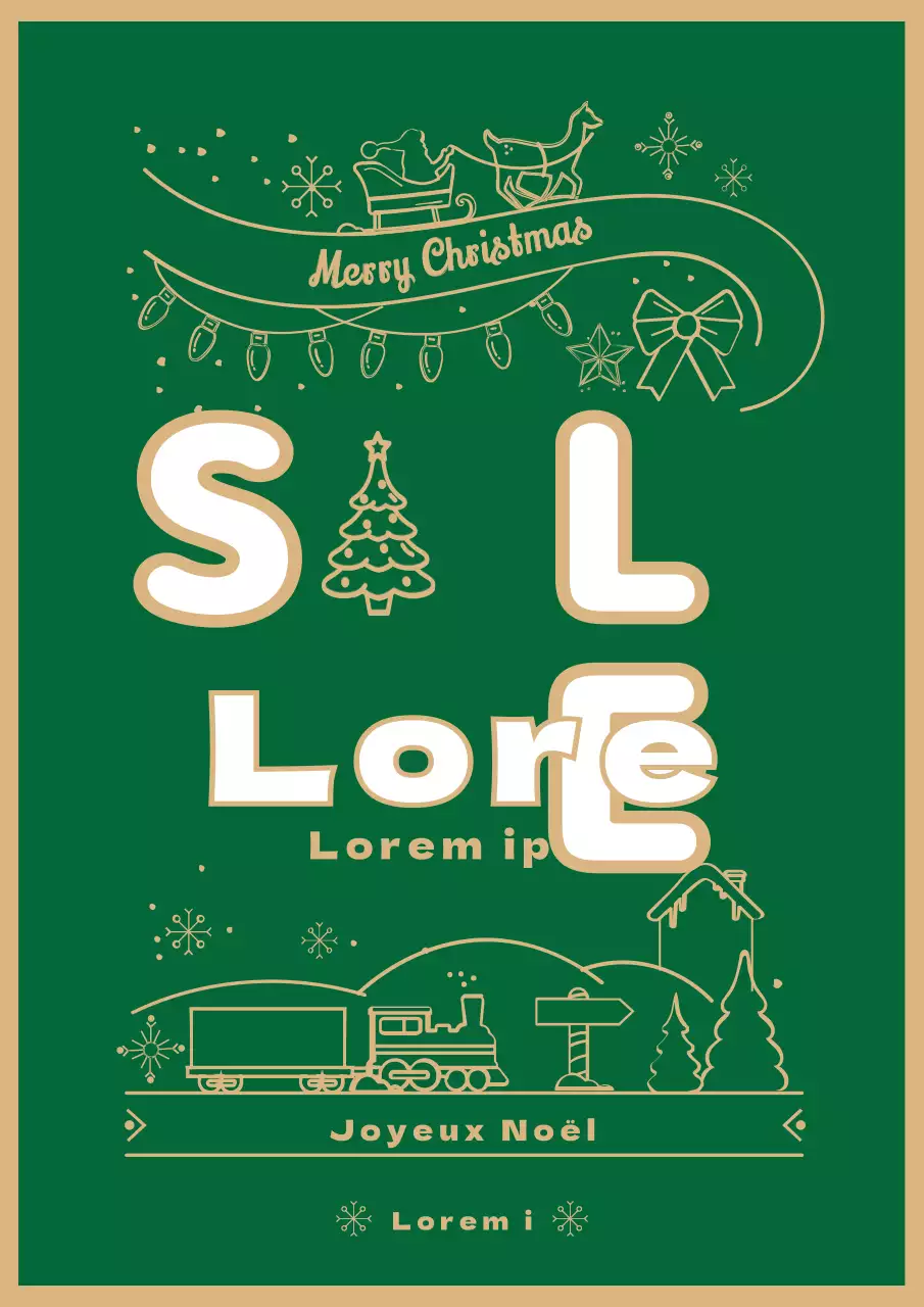 Prospectus illustré des ventes de Noël avec des décorations vertes et dorées