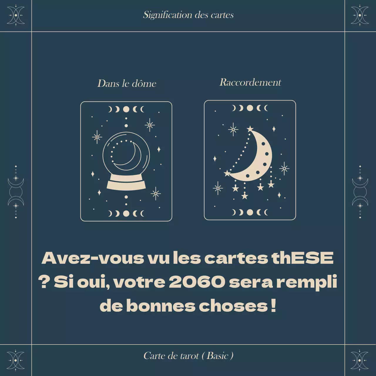 Une introduction rapide et facile aux cartes de tarot avec un cadre carré et un concept astrologique dans une palette de couleurs marine.
