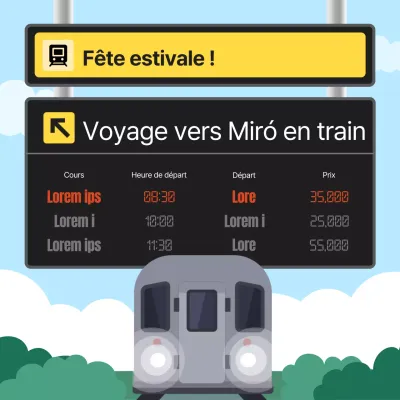 Des panneaux d'affichage noirs et jaunes font la promotion du voyage en train