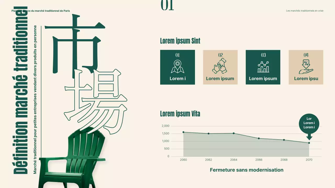 Plan de revitalisation des marchés traditionnels à l'aide d'objets et de typographies vertes et beiges