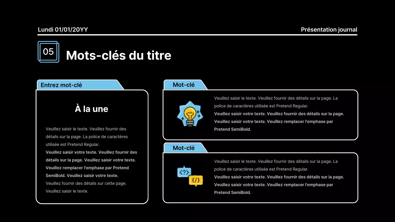 Présentation accrocheuse avec des lignes audacieuses dans un concept de journal sur fond noir