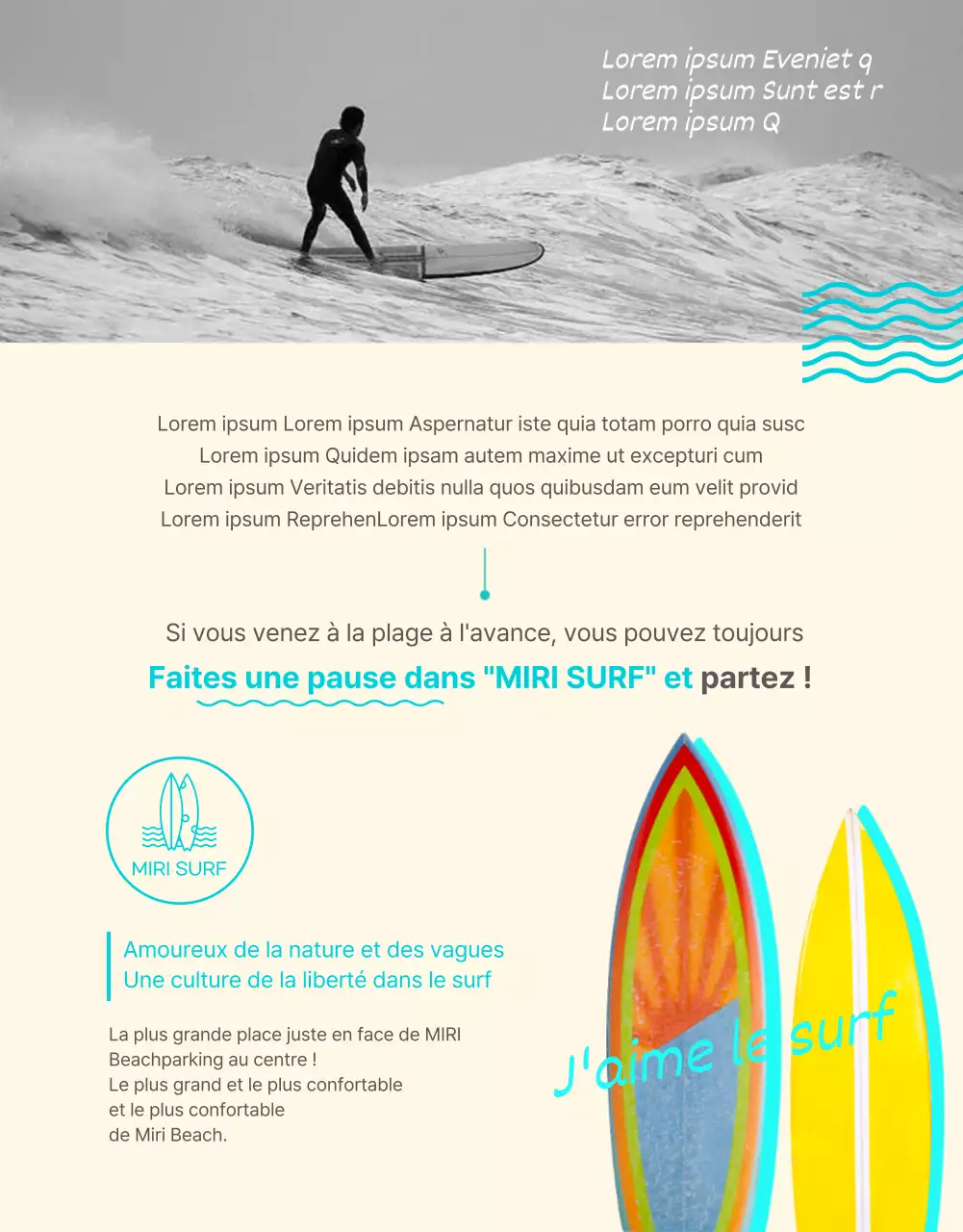 Page d'information sur le surf, rafraîchissante et de couleur menthe