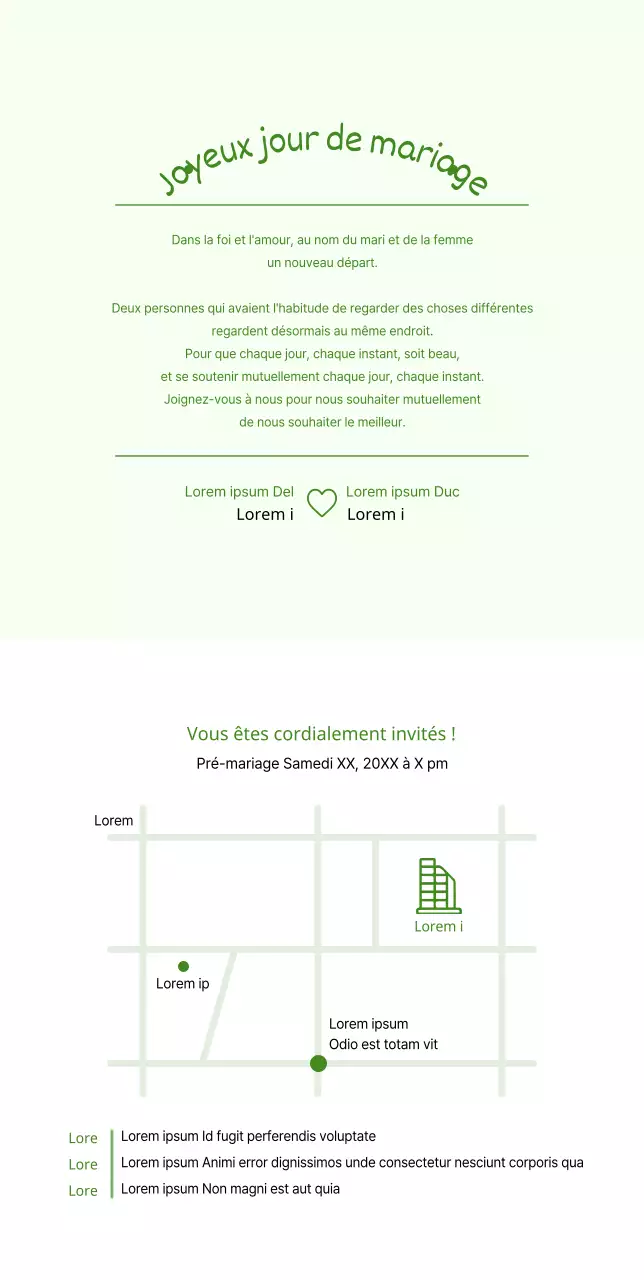 Invitation de mariage des mariés se tenant par la main sur fond vert clair