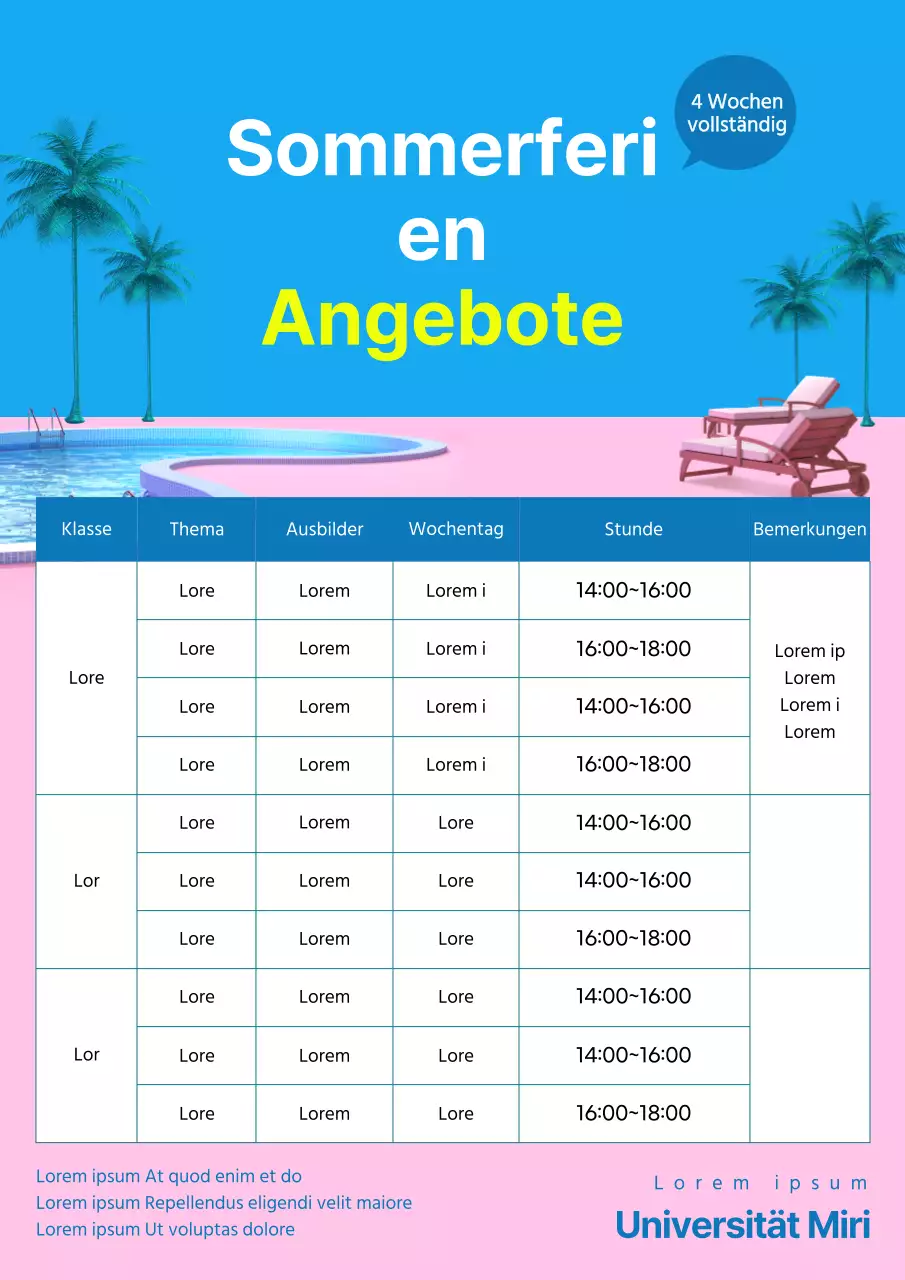 Blaues und rosafarbenes Flugblatt zur Werbung für den Stundenplan der Sommerschule in den Sommerferien