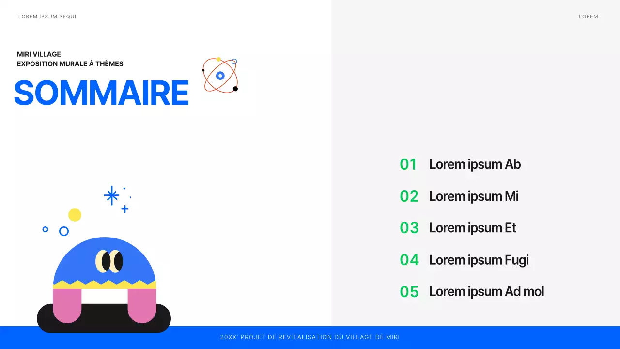 Planification d'une exposition de peintures murales illustrées en blanc, bleu et vert