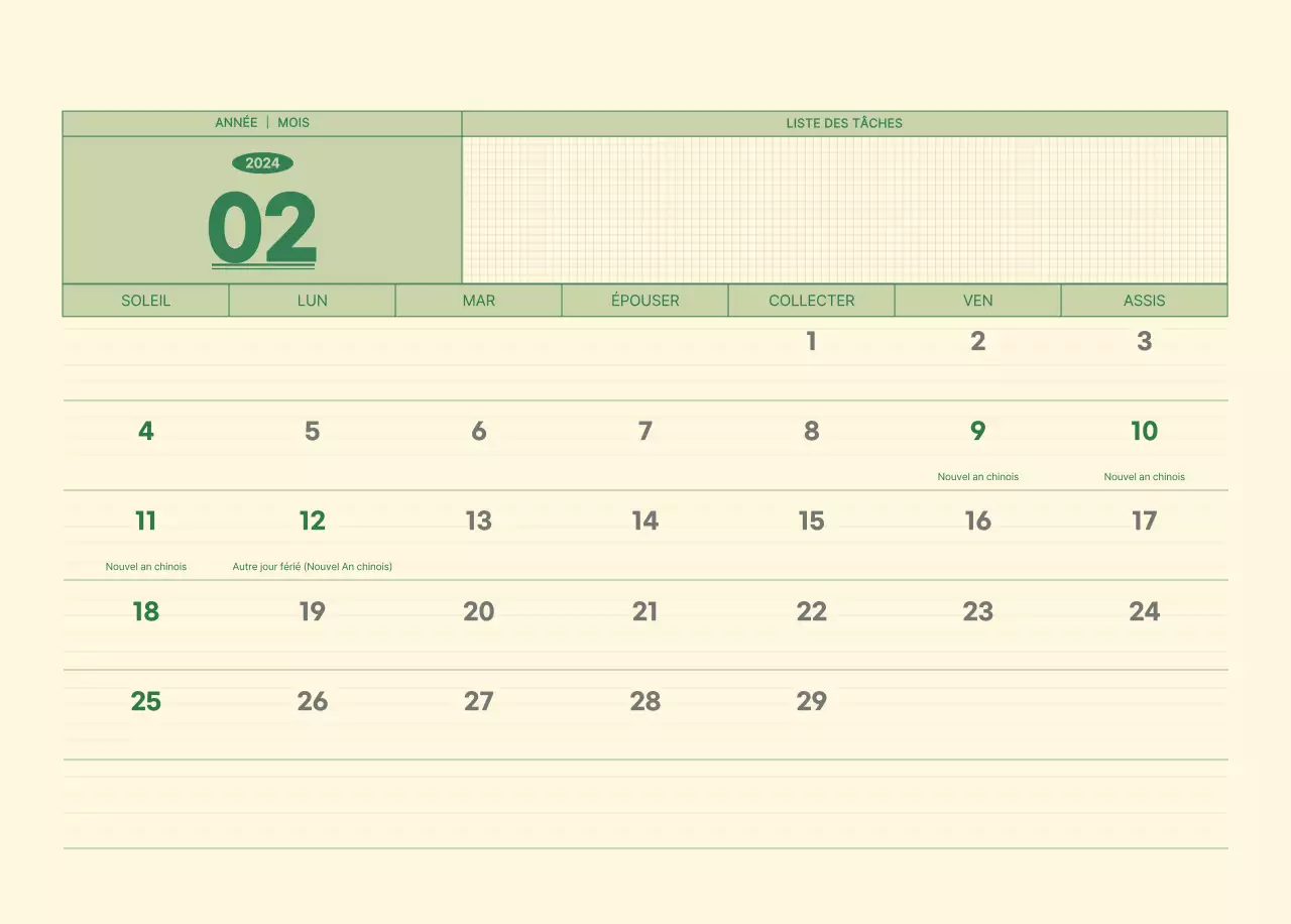 Calendrier mural SAT D-day notepad concept en vert et jaune clair