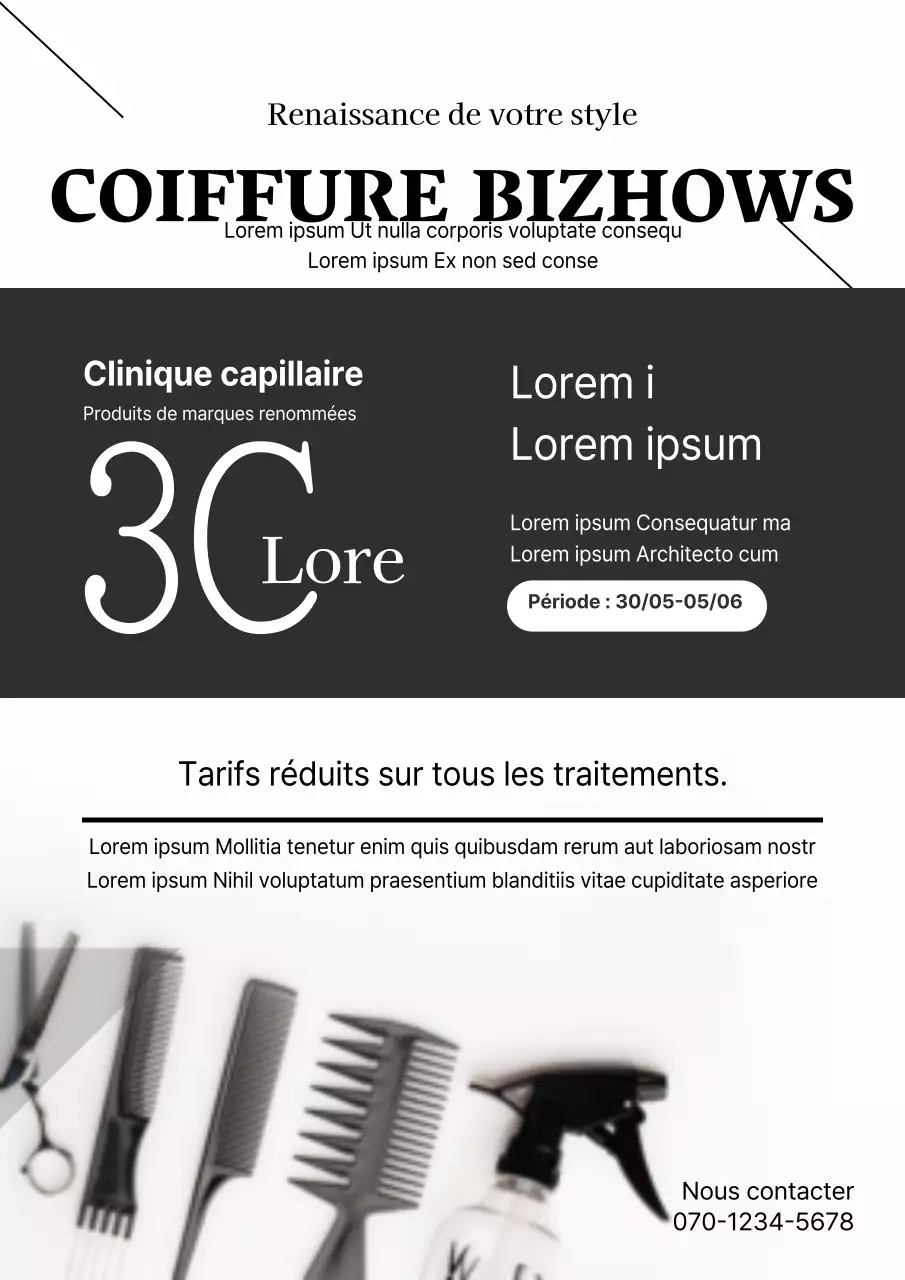Flyer moderne pour salon de coiffure en noir et blanc