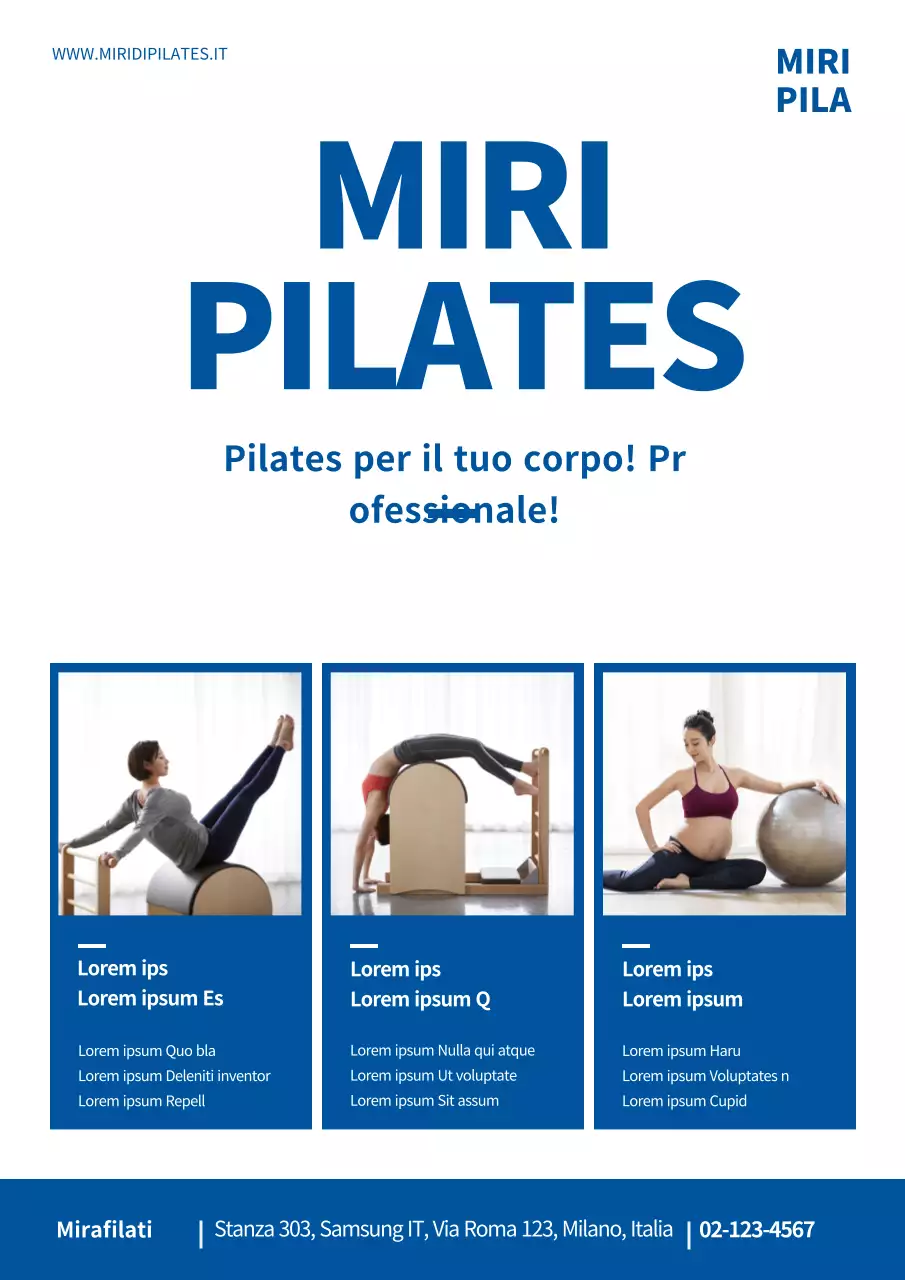 Promuovere una scuola di Pilates pulita con una foto di una donna che fa Pilates in blu.