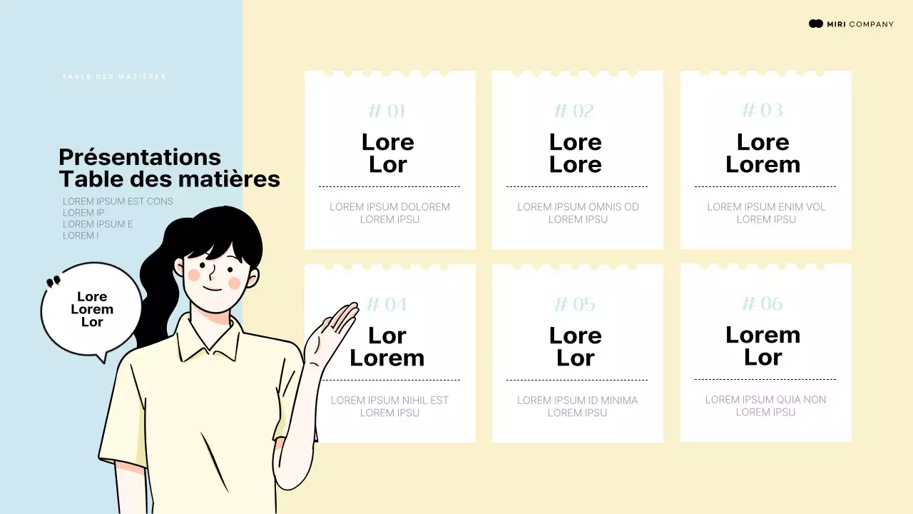 Présentation introductive utilisant un élément humain pointant vers un espace bleu clair et jaune