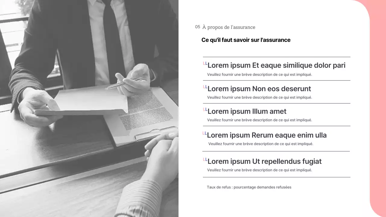 Présentation de théories et d'exemples de tons roses et gris de l'assurance privée et de ses perspectives