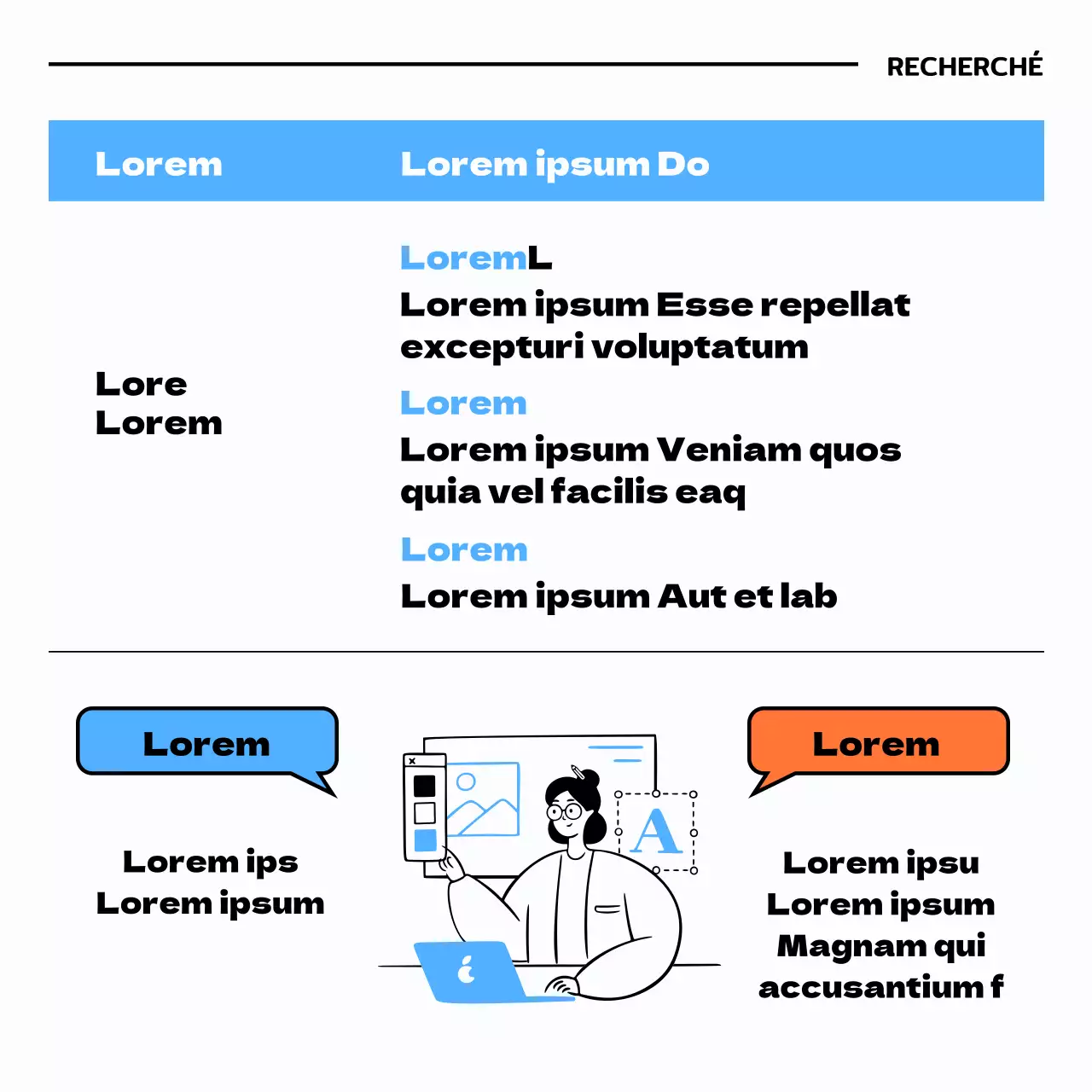 Recrutement de stagiaires avec illustrations en bleu clair et noir