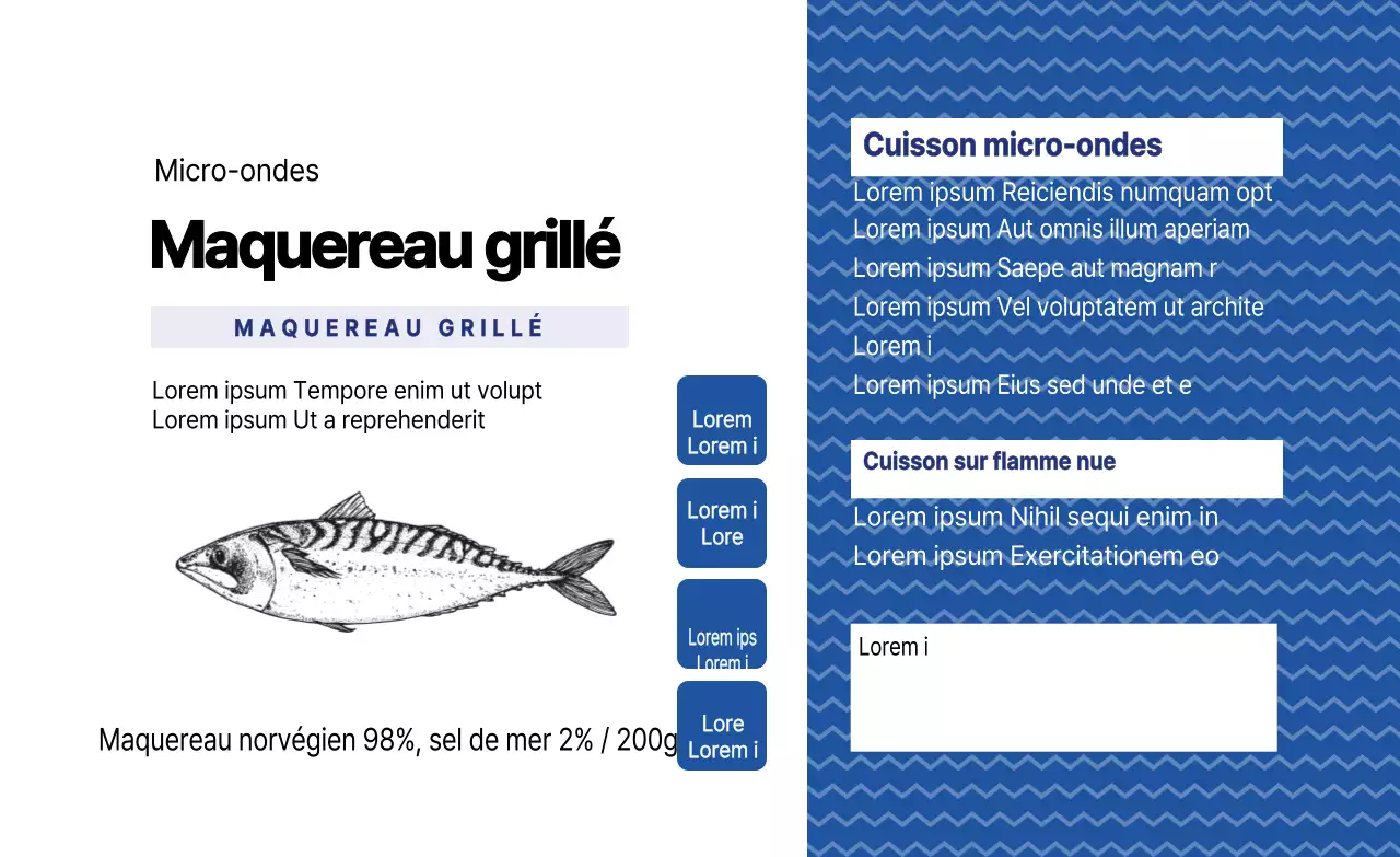 Bleu illustré poisson maquereau emballage étiquette