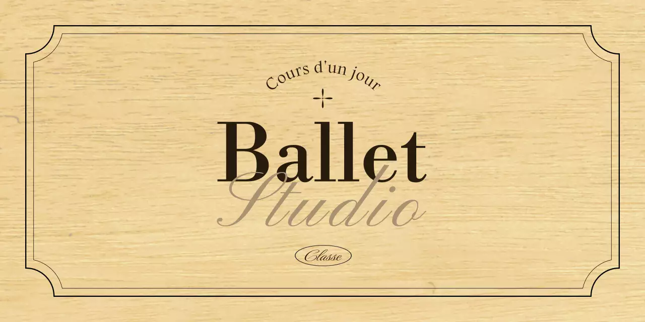 Enseigne classique d'une école de ballet avec texte et illustrations en noir et marron.