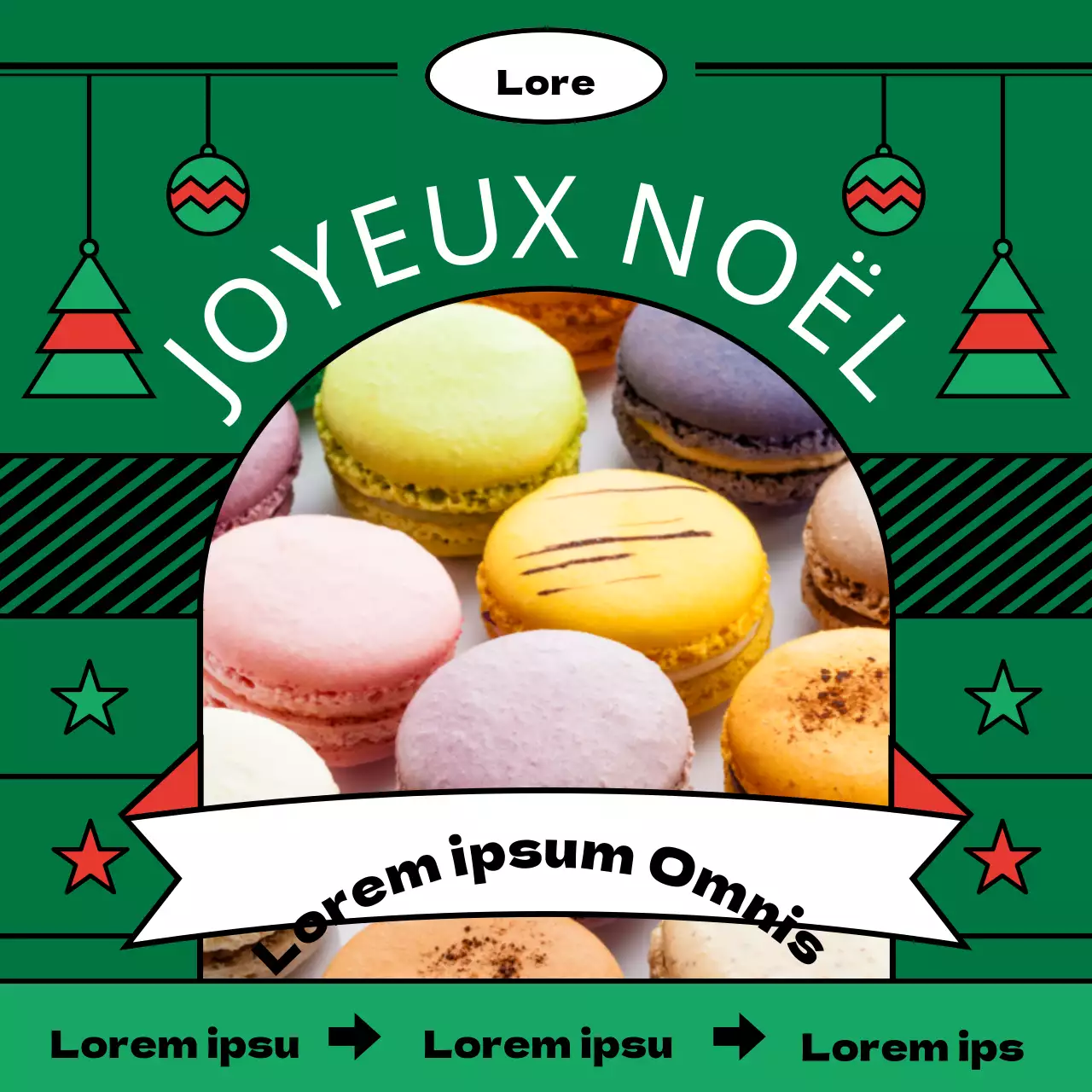 Réduction pour précommande de macarons illustrés aux lignes épurées dans les tons rouge-vert de Noël