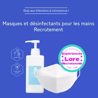 Bleu Produits de quarantaine fabriqués dans le pays Désinfectant pour les mains Masques Recrutement de 100 volontaires pour tester les masques
