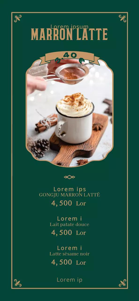 Menu de café luxueux encadré en vert foncé et or pour la fixation des prix et la promotion