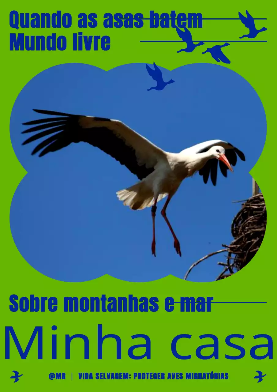 Um cartaz simples sobre a conservação das aves migratórias em azul-marinho e chartreuse.