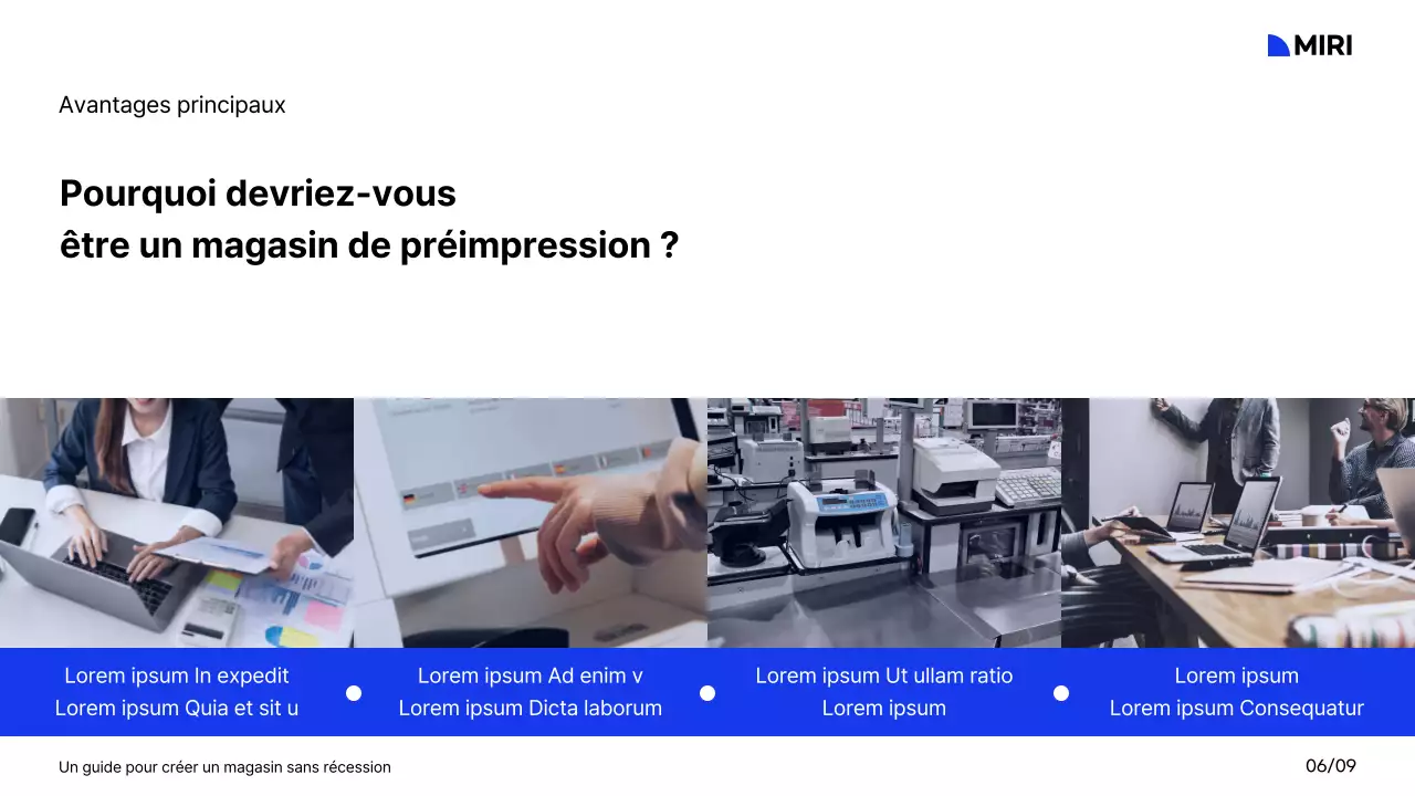 Guide pour la création d'un centre commercial avec une palette de couleurs et une grille blanche, bleue et noire