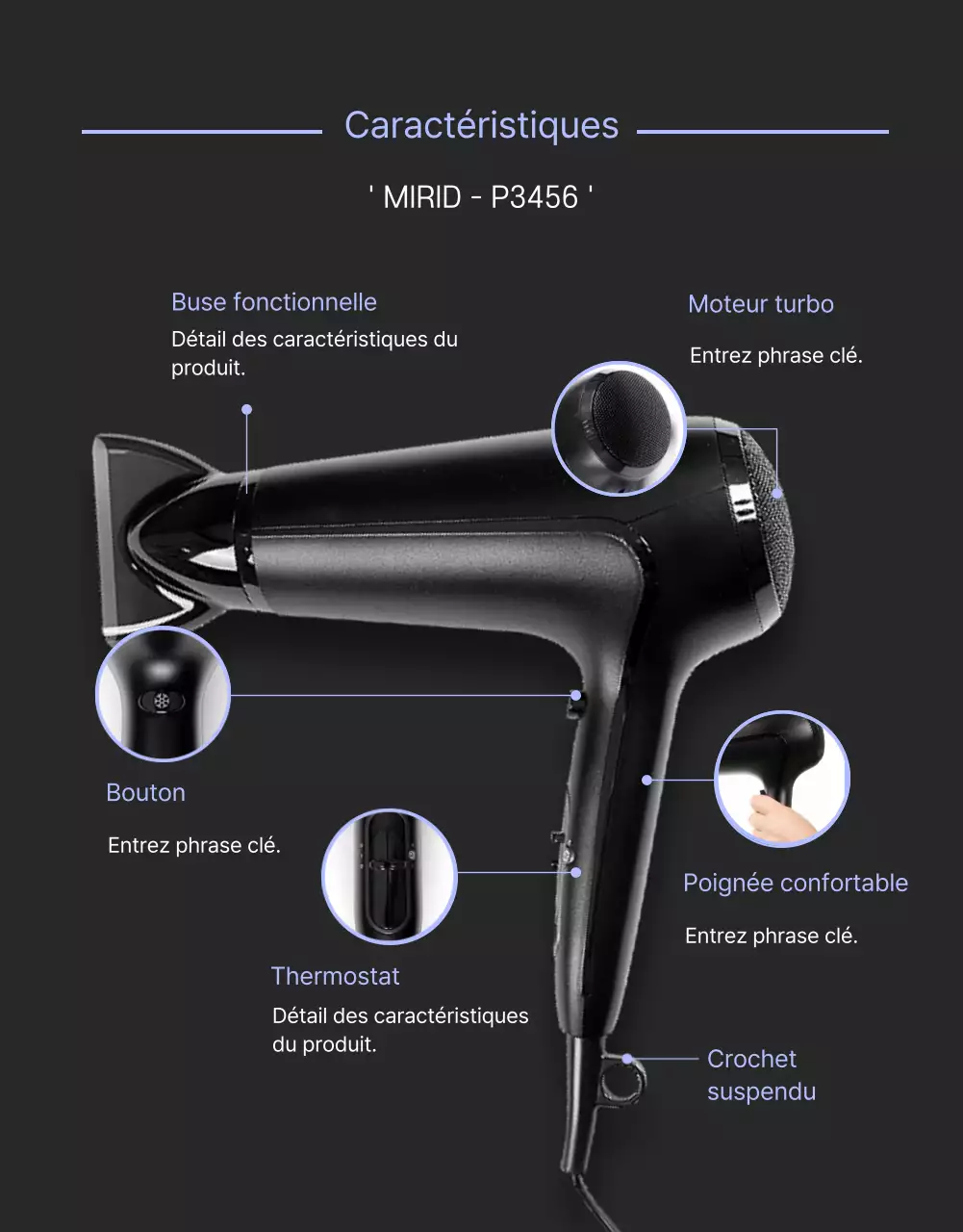 Sèche-cheveux noir et violet au concept épuré