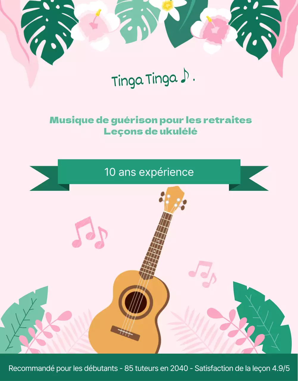 Leçons particulières d'ukulélé tropical hawaïen en vert et rose
