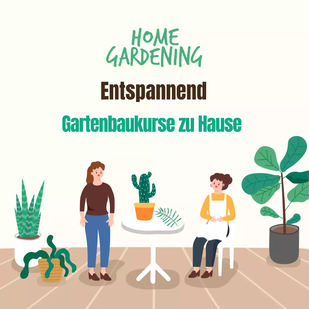 Werbung für einen minimalistischen Gartenkurs in Elfenbein und Grün