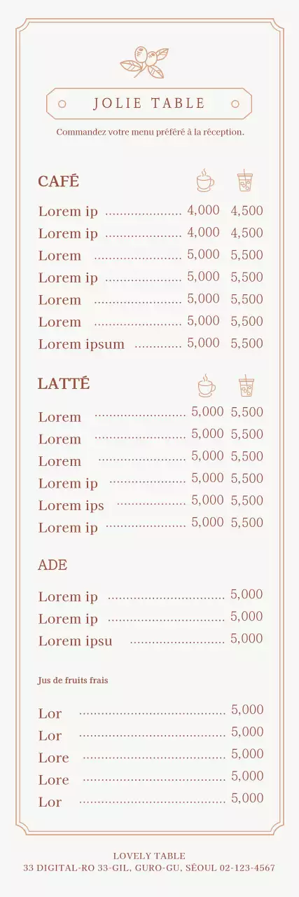 Un guide de la carte du café avec un concept de cadre émotionnel