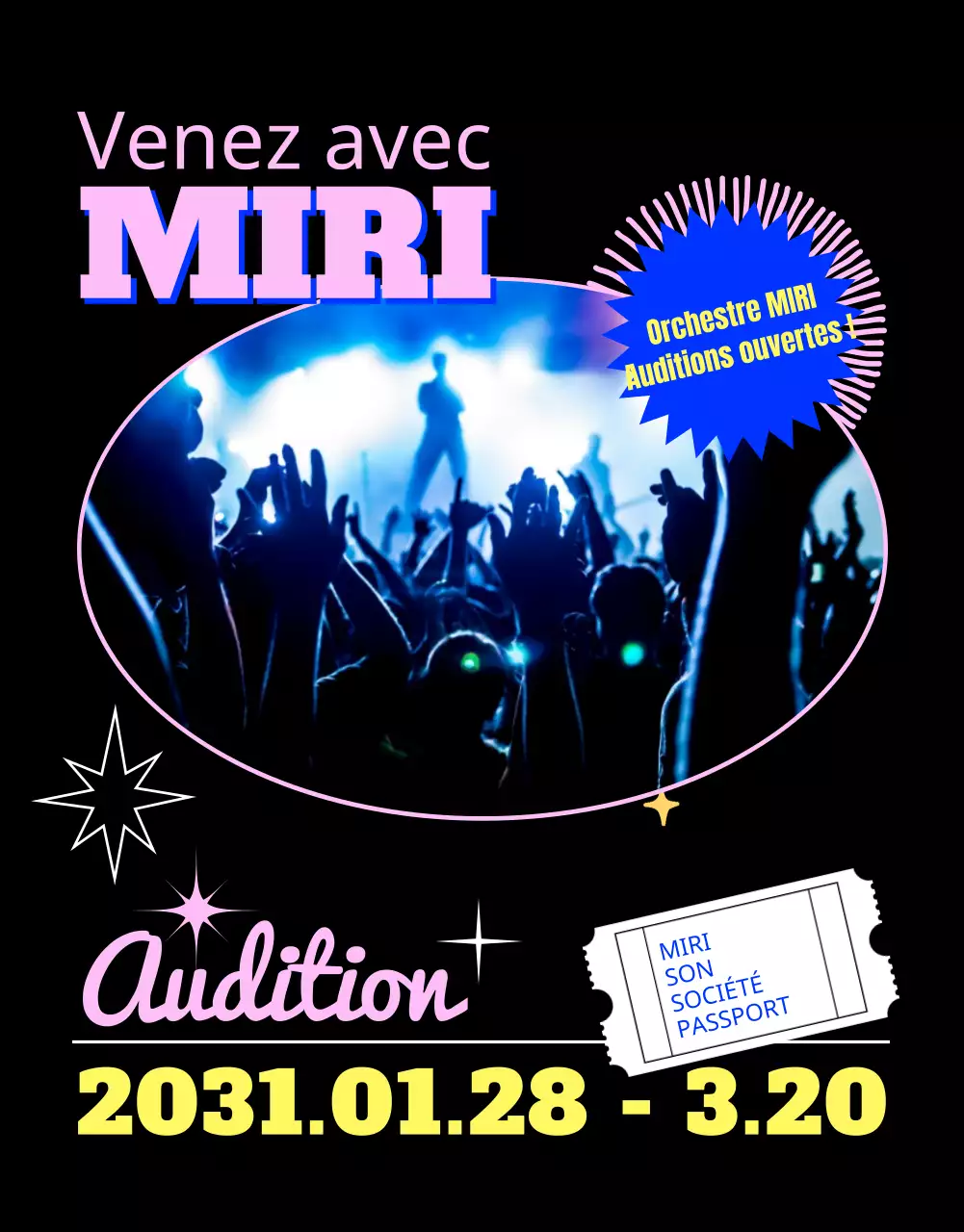 Auditions ouvertes de groupes avec couleur sur fond noir