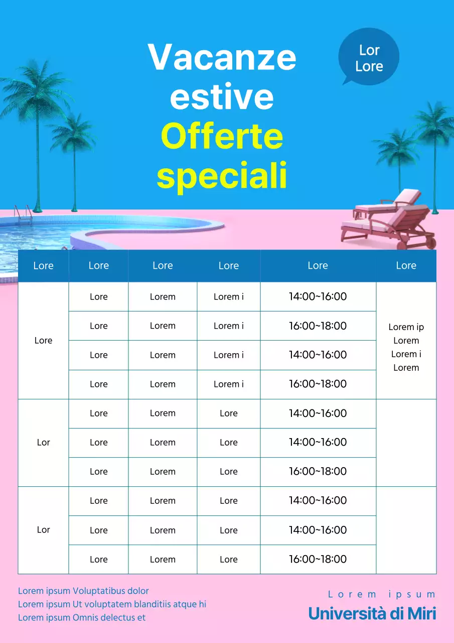 Volantino blu e rosa che promuove l'orario scolastico per le vacanze estive