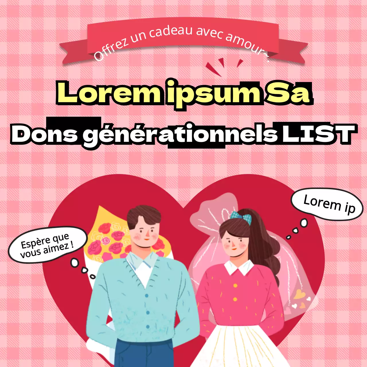 Enquête sur les cadeaux avec illustration d'amoureux sur fond de damier CardNews