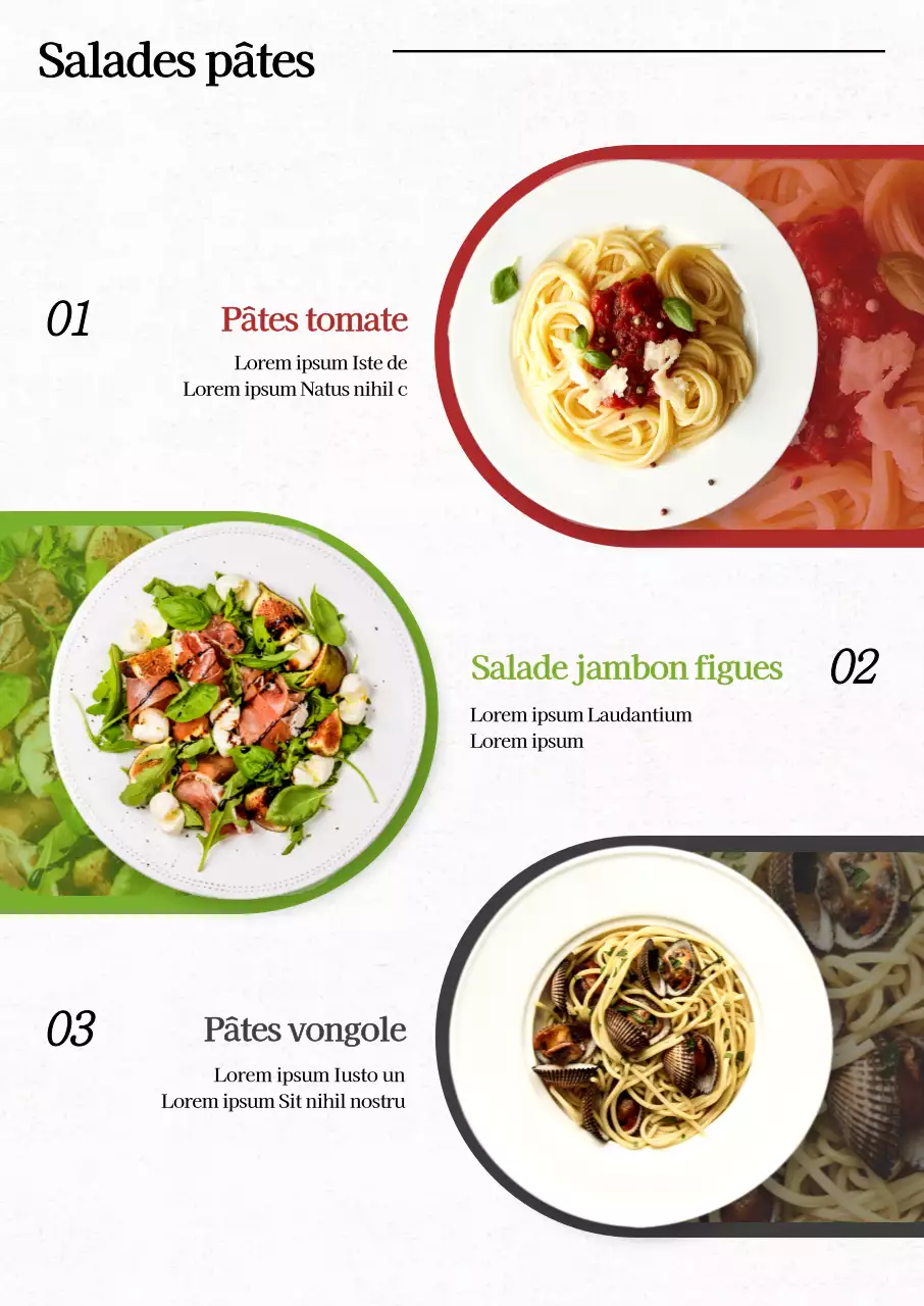 Tableau de menu utilisant le rouge, le vert et le gris pour mettre en valeur les salades et les pâtes