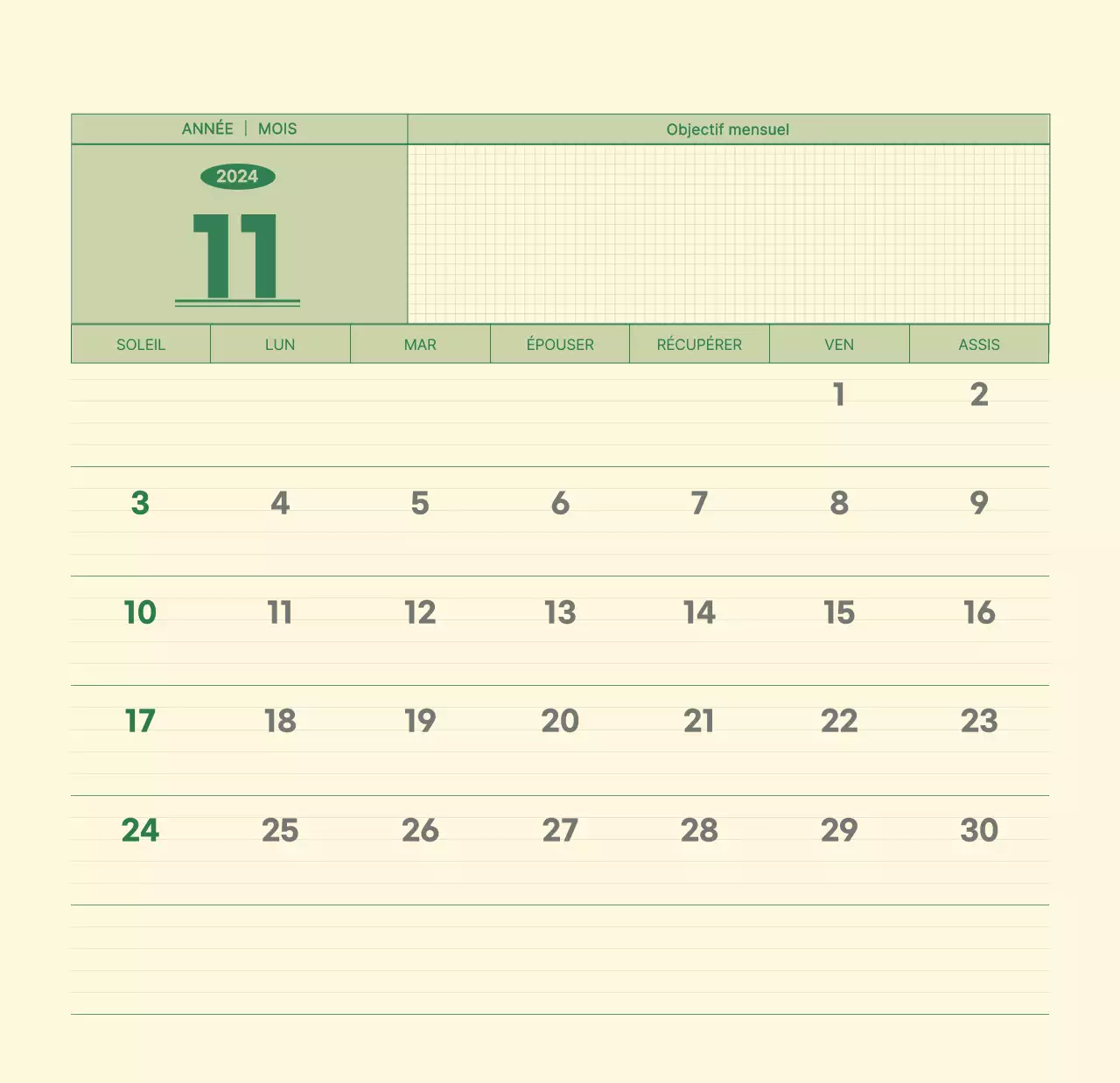 Calendrier mural SAT D-day notepad concept en vert et jaune clair