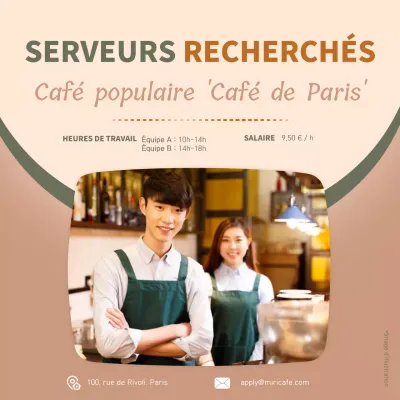 Offre d'emploi pour le personnel d'un café avec photo sur fond brun et vert V1