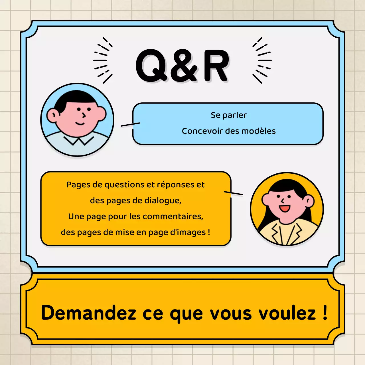 Bulles de texte bleu clair et jaune et illustration mignonne