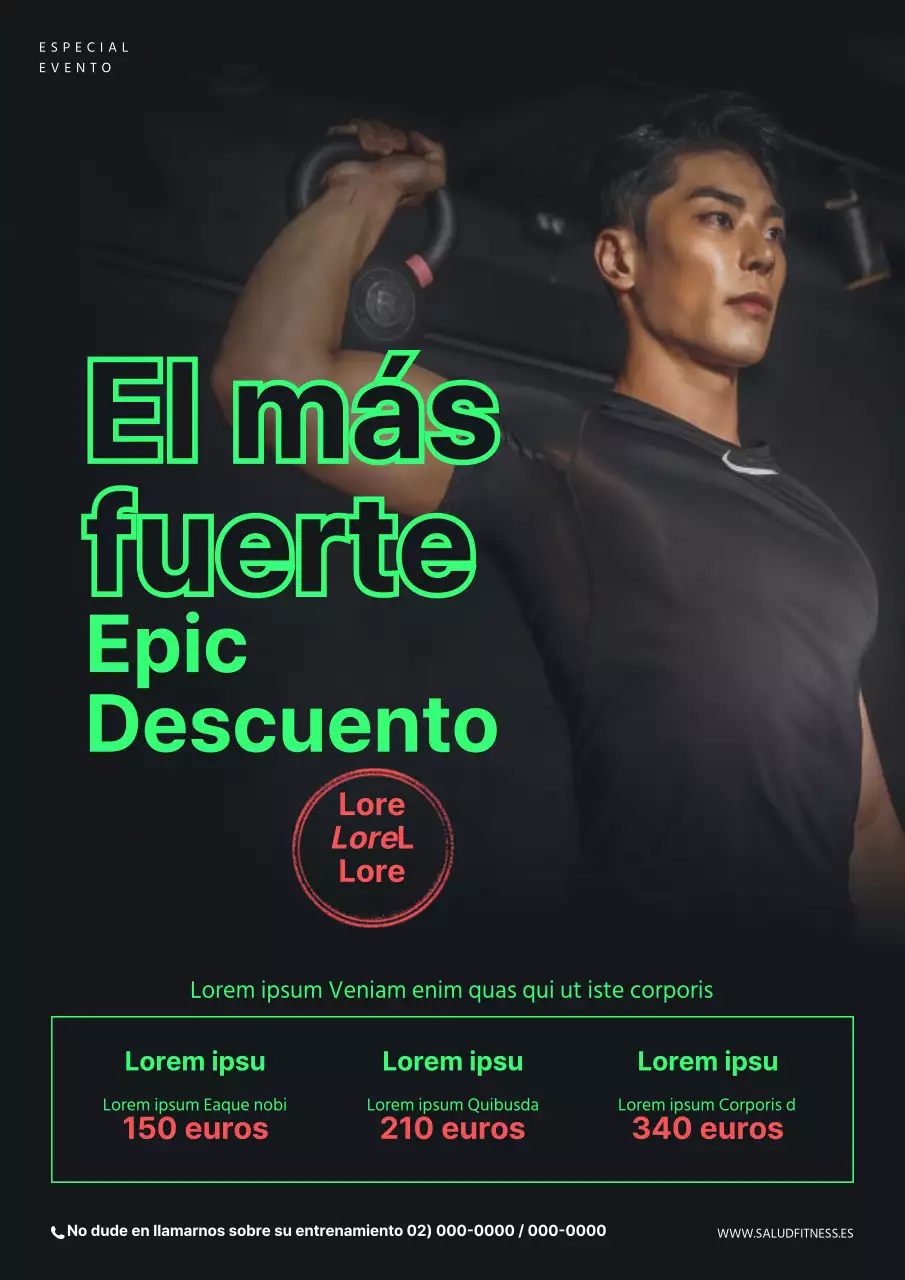 Promocionar una gran venta con una foto tuya en negro y verde fluorescente haciendo ejercicio.