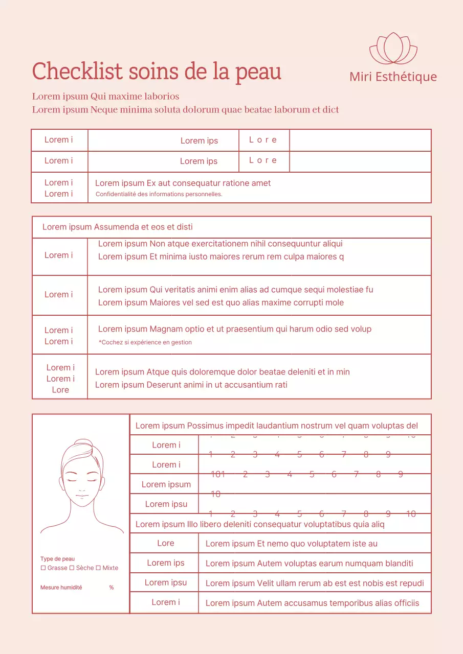 Liste de contrôle des soins de la peau Questionnaire de l'esthéticienne Documents Hôpitaux